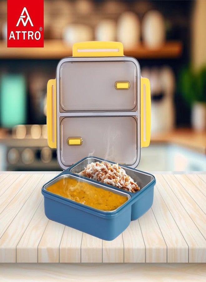 Attro SquareMate 2 Lunch Box with Two Detachable Inner Steel Compartments and Vacuum Seal-Leakproof,BPA-Free Containers for Fresh Meals On-the-Go Ideal for School, Office, and Travel-Ocean Blue-1100ml - Image 2